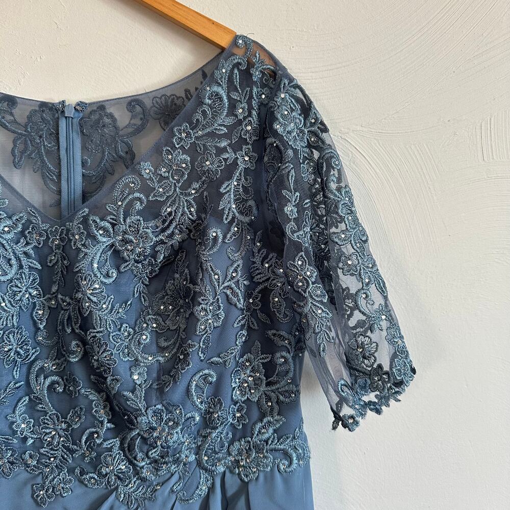 Oleg Cassini Steel Blue Chiffon & Lace Empire Waist Beaded Gown - Picture 7 of 10